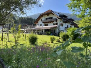 Pension Taurer in Dellach im Drautal – Blick über den blühenden Garten auf das Haus